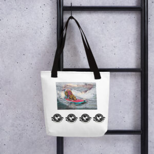 World Dog Surfing - "Surf Dog on Wave Portrait 1" Tote bag