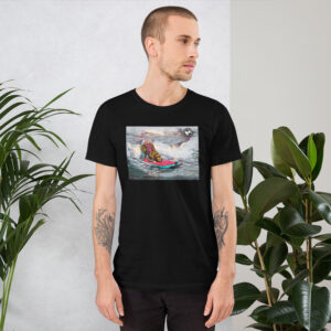 Surf Dog on Wave Portrait 1 Black Short-Sleeve Unisex T-Shirt