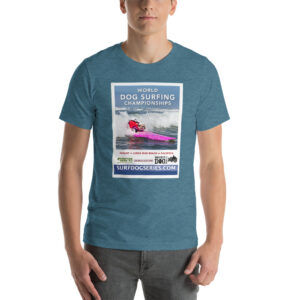 Vintage World Dog Surfing Poster featuring Surfdog Cherie Short-Sleeve Uniasex T-Shirt